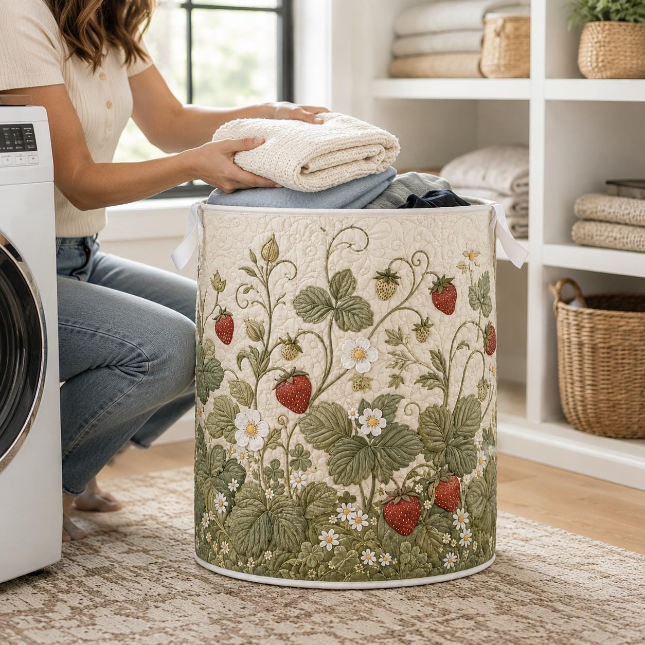 Vintage Strawberry Botanical Quilt Style Laundry Basket and Floral Hamper – Cottagecore Storage Basket for Home Decor - photo 4
