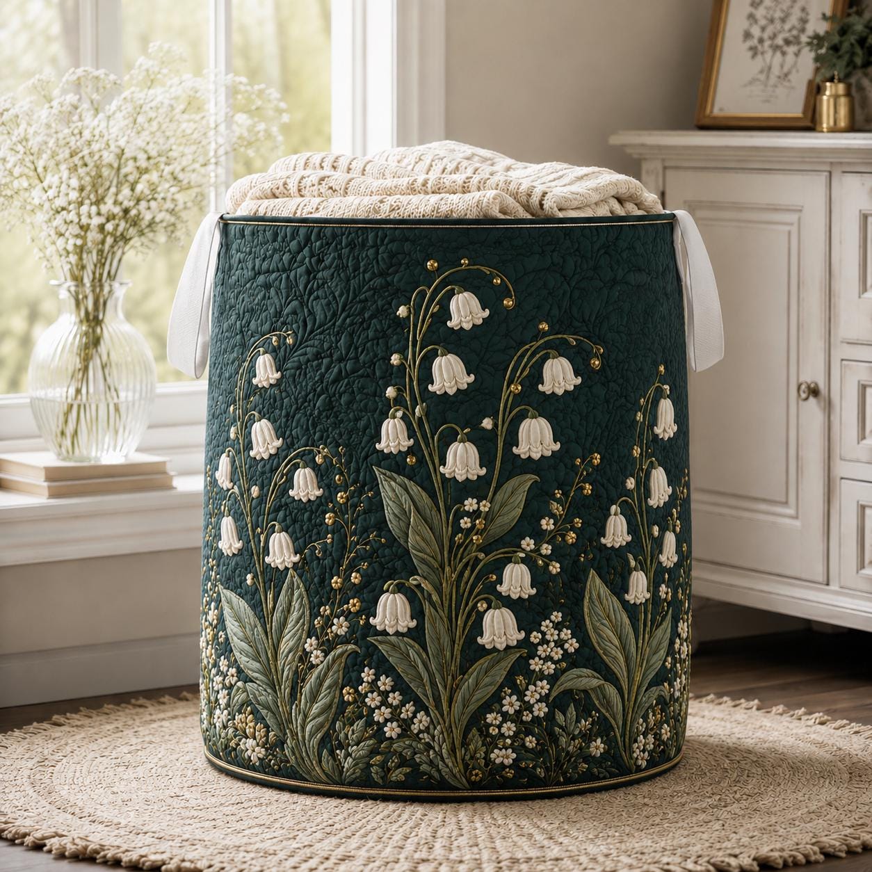 Dark Green Lily of the Valley Quilt Style Laundry Basket and Floral Hamper – Botanical Storage Basket for Cottagecore Room Decor