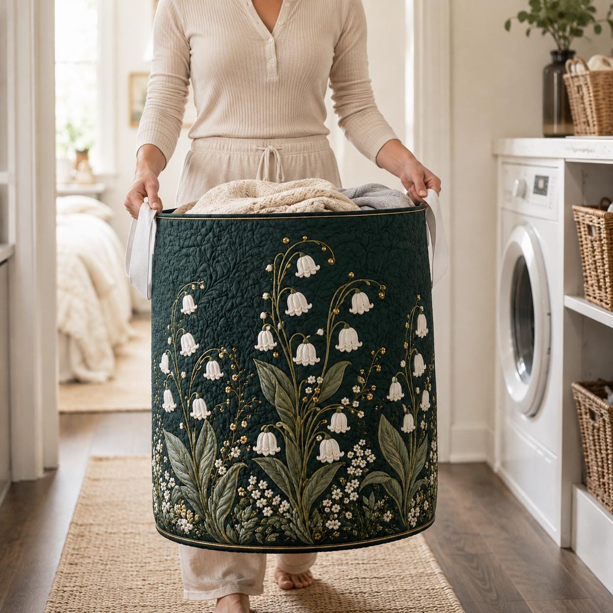 Dark Green Lily of the Valley Quilt Style Laundry Basket and Floral Hamper – Botanical Storage Basket for Cottagecore Room Decor - photo 2