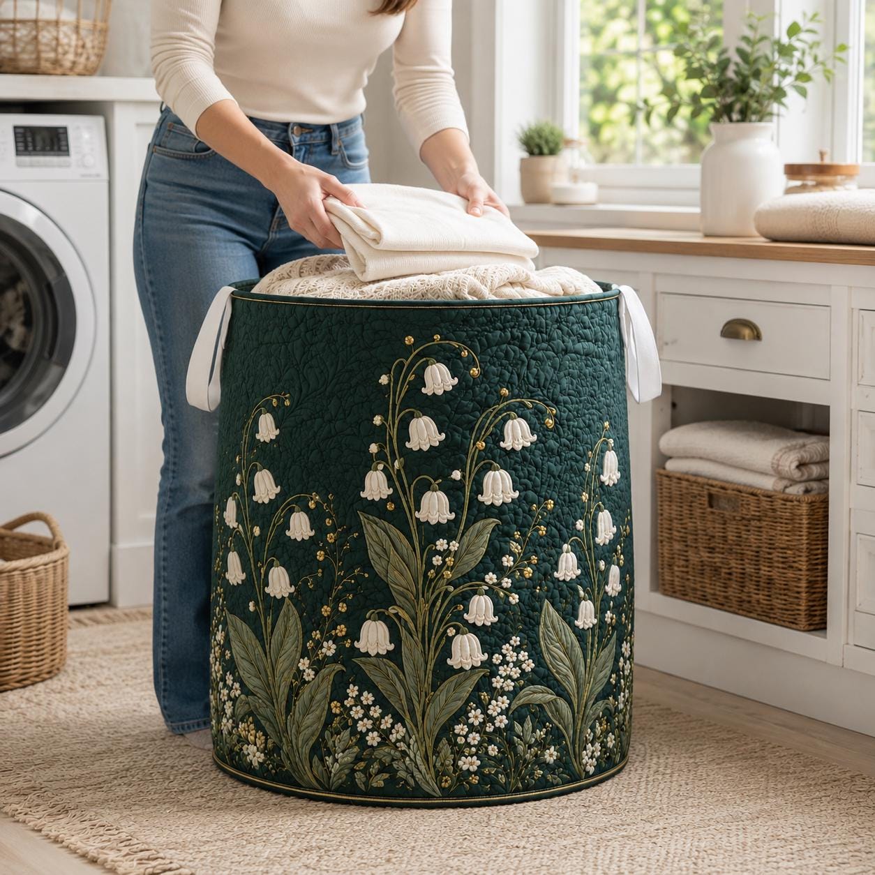 Dark Green Lily of the Valley Quilt Style Laundry Basket and Floral Hamper – Botanical Storage Basket for Cottagecore Room Decor - photo 4