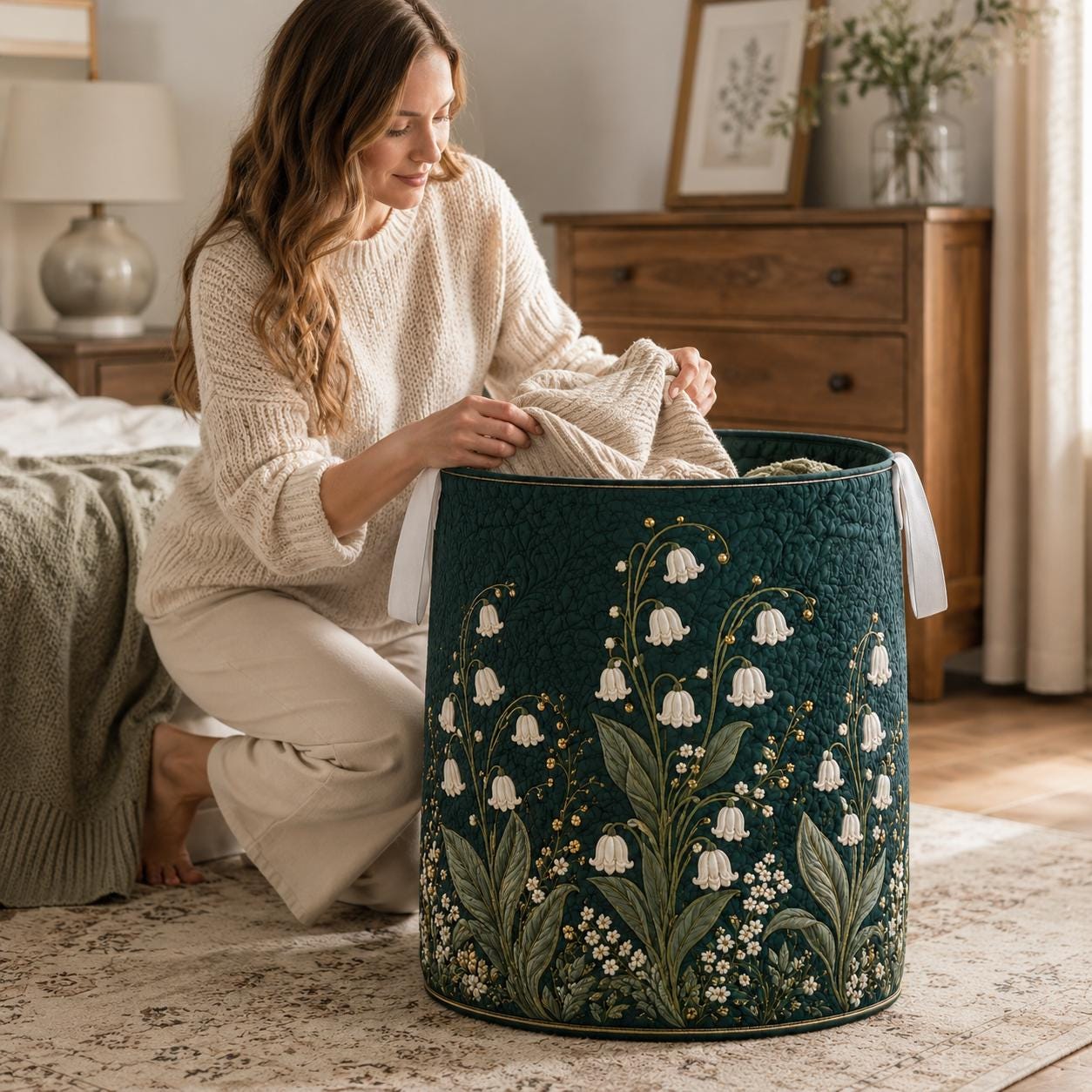 Dark Green Lily of the Valley Quilt Style Laundry Basket and Floral Hamper – Botanical Storage Basket for Cottagecore Room Decor - photo 5