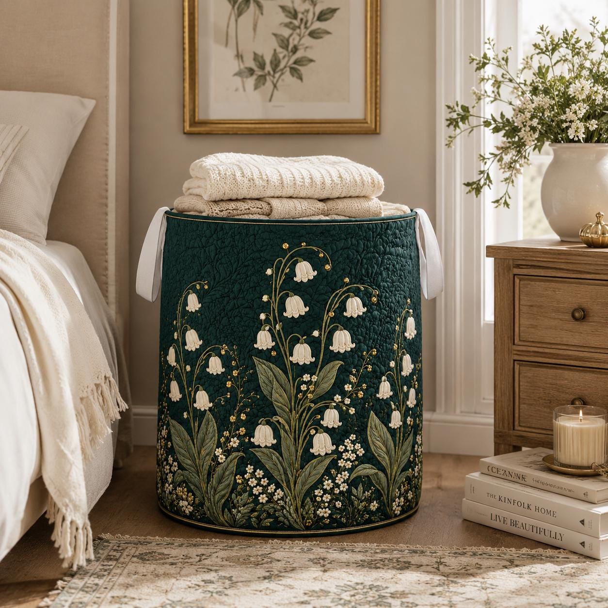 Dark Green Lily of the Valley Quilt Style Laundry Basket and Floral Hamper – Botanical Storage Basket for Cottagecore Room Decor - photo 6