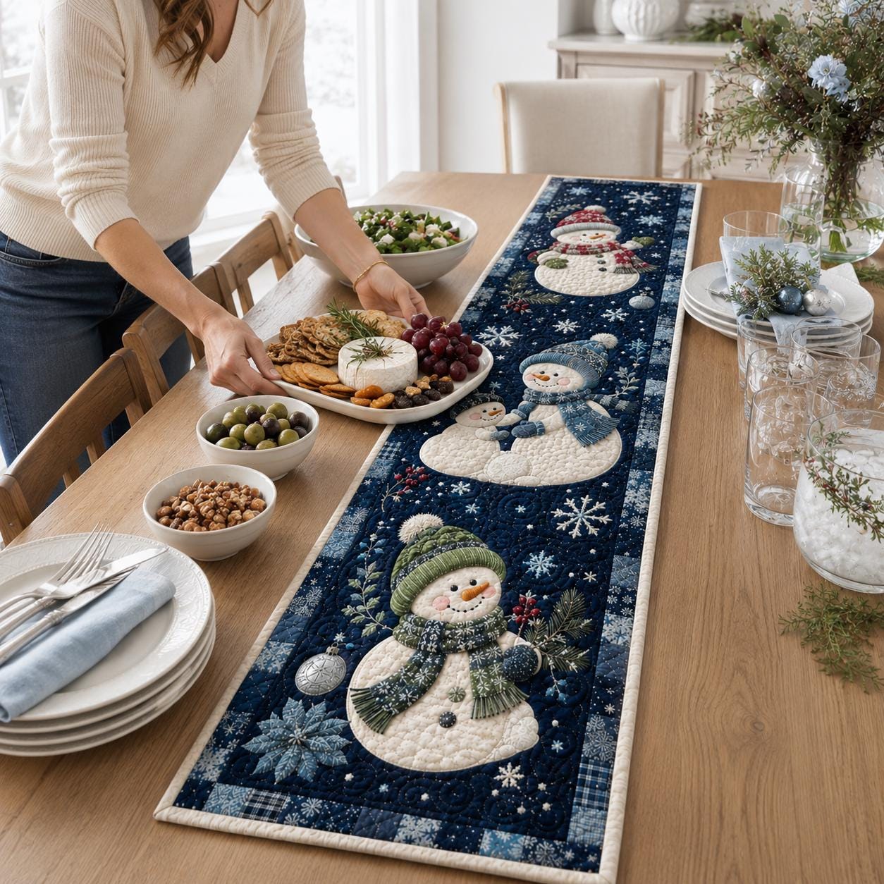 Winter Season Christmas Snowman Quilt Table Runner – Xmas Holiday Home Decor and Warm House Gift