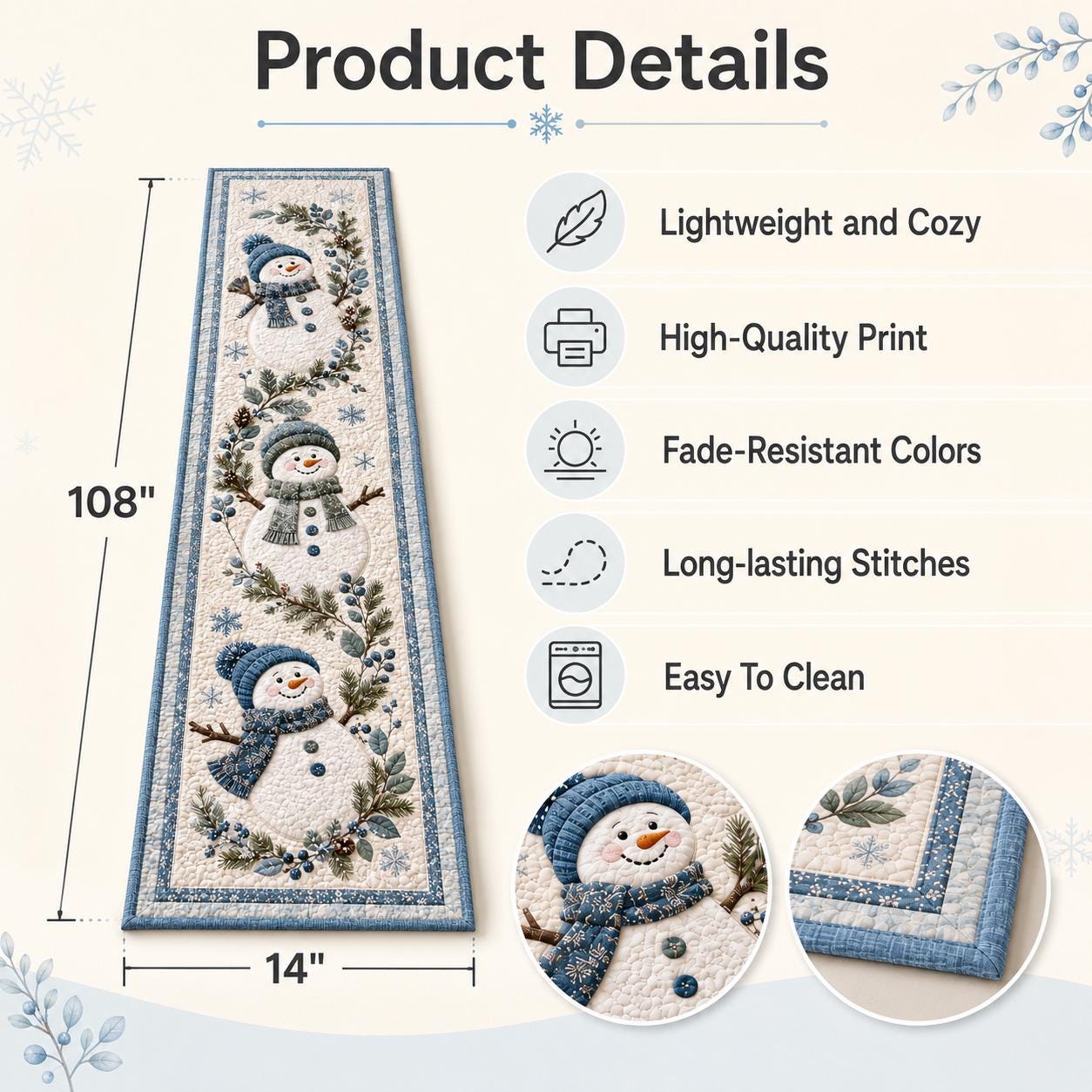 Winter Season Christmas Snowman Quilt Table Runner – Xmas Holiday Home Decor and Warm House Gift - photo 11