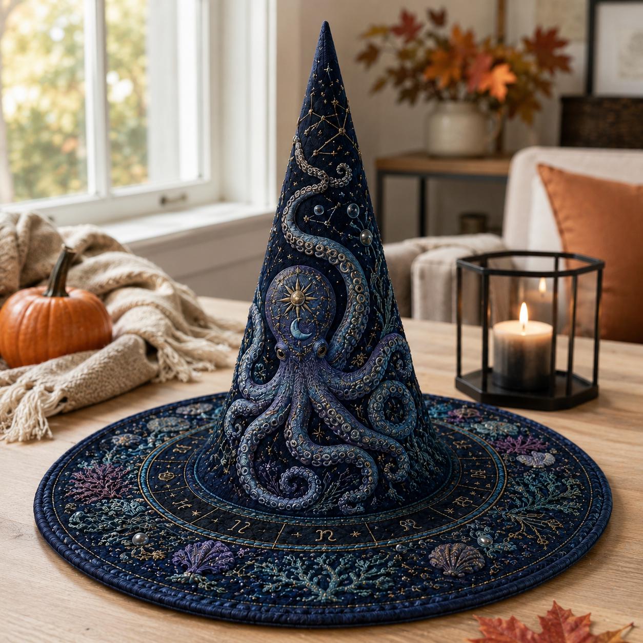 Ghost Ship Quilted Witch Hat for Haunted Ocean Halloween Decor and Celestial Nautical Centerpiece with Spooky Coastal Gift