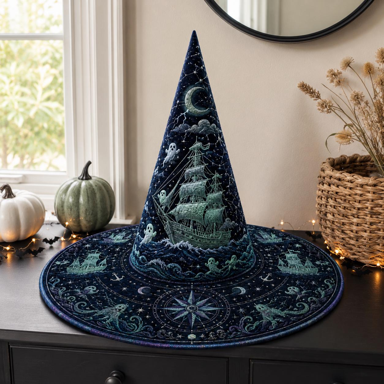 Ghost Ship Quilted Witch Hat for Haunted Ocean Halloween Decor and Celestial Nautical Centerpiece with Spooky Coastal Gift - photo 3