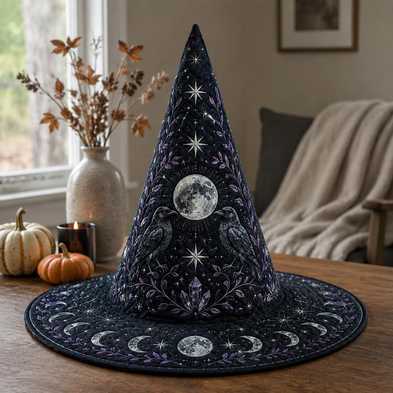 Raven Quilted Witch Hat for Gothic Celestial Halloween Decor and Dark Academia Centerpiece with Spooky Raven Lover Gift