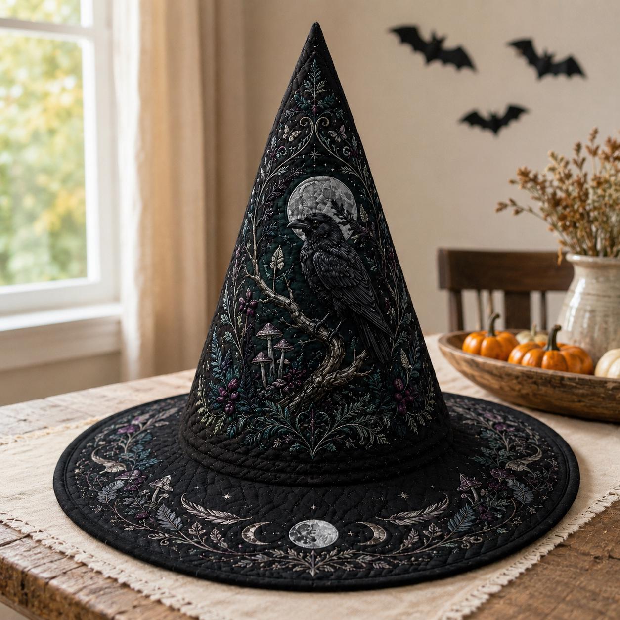 Raven Quilted Witch Hat for Gothic Celestial Halloween Decor and Dark Academia Centerpiece with Spooky Raven Lover Gift - photo 2
