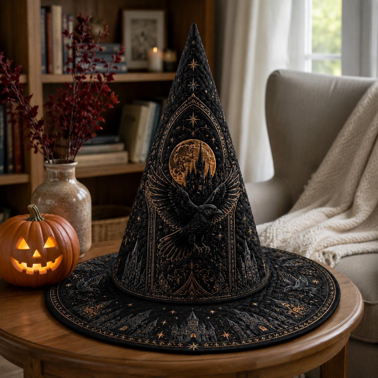 Raven Quilted Witch Hat for Gothic Celestial Halloween Decor and Dark Academia Centerpiece with Spooky Raven Lover Gift - photo 5