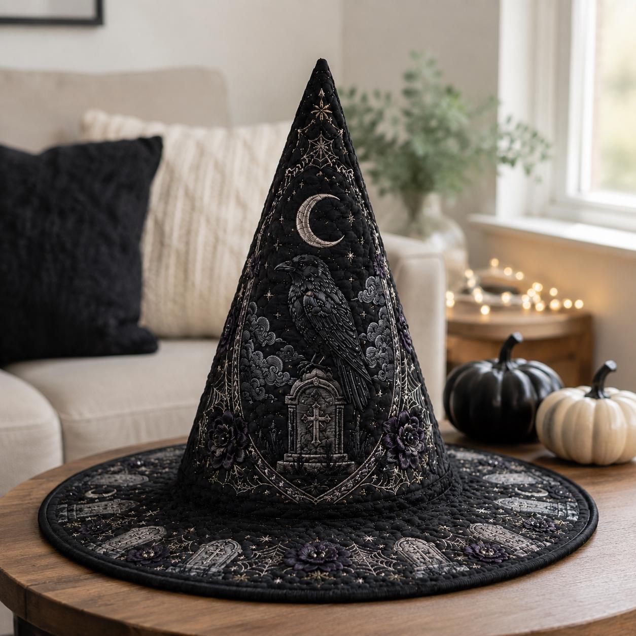 Raven Quilted Witch Hat for Gothic Celestial Halloween Decor and Dark Academia Centerpiece with Spooky Raven Lover Gift - photo 6
