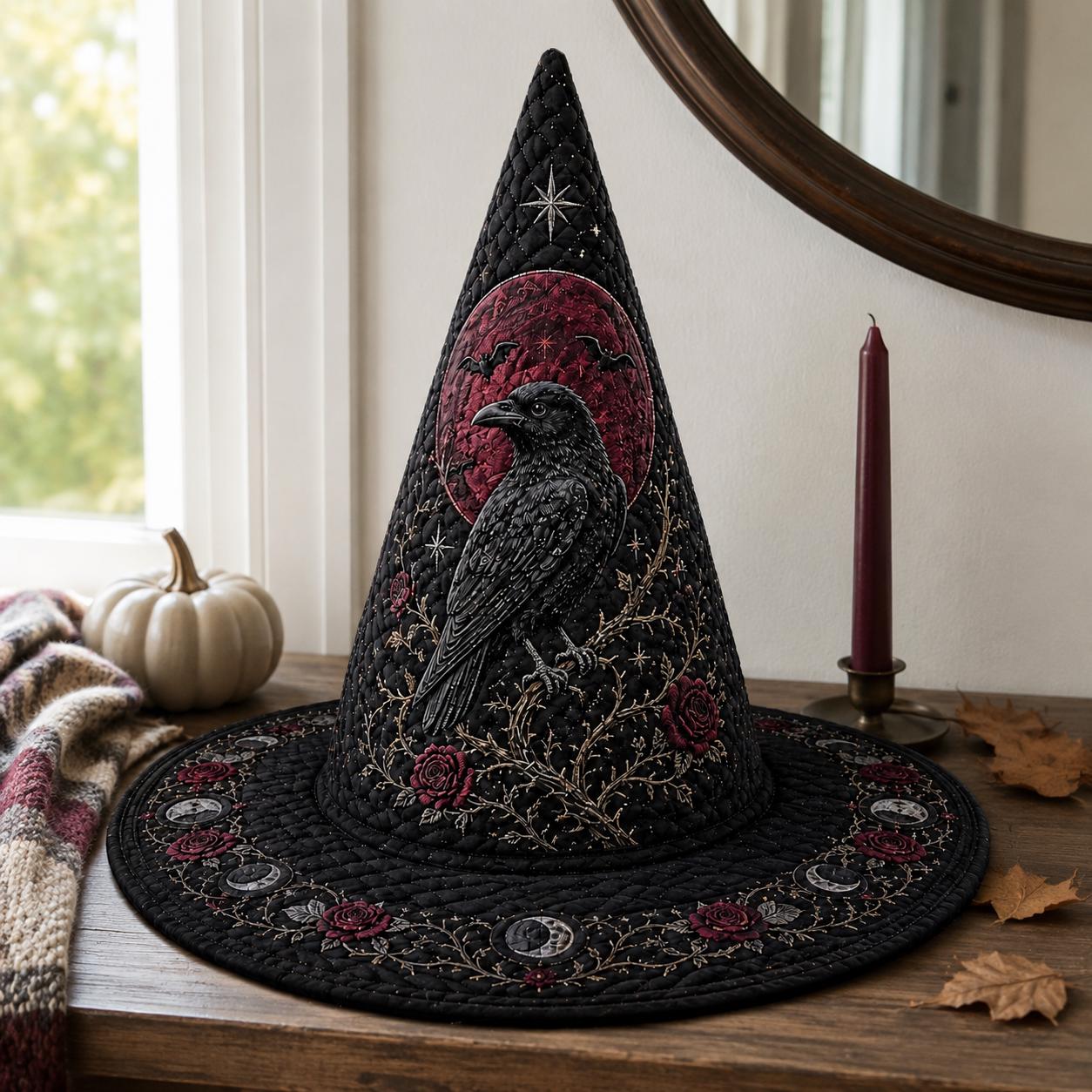 Raven Quilted Witch Hat for Gothic Celestial Halloween Decor and Dark Academia Centerpiece with Spooky Raven Lover Gift - photo 7
