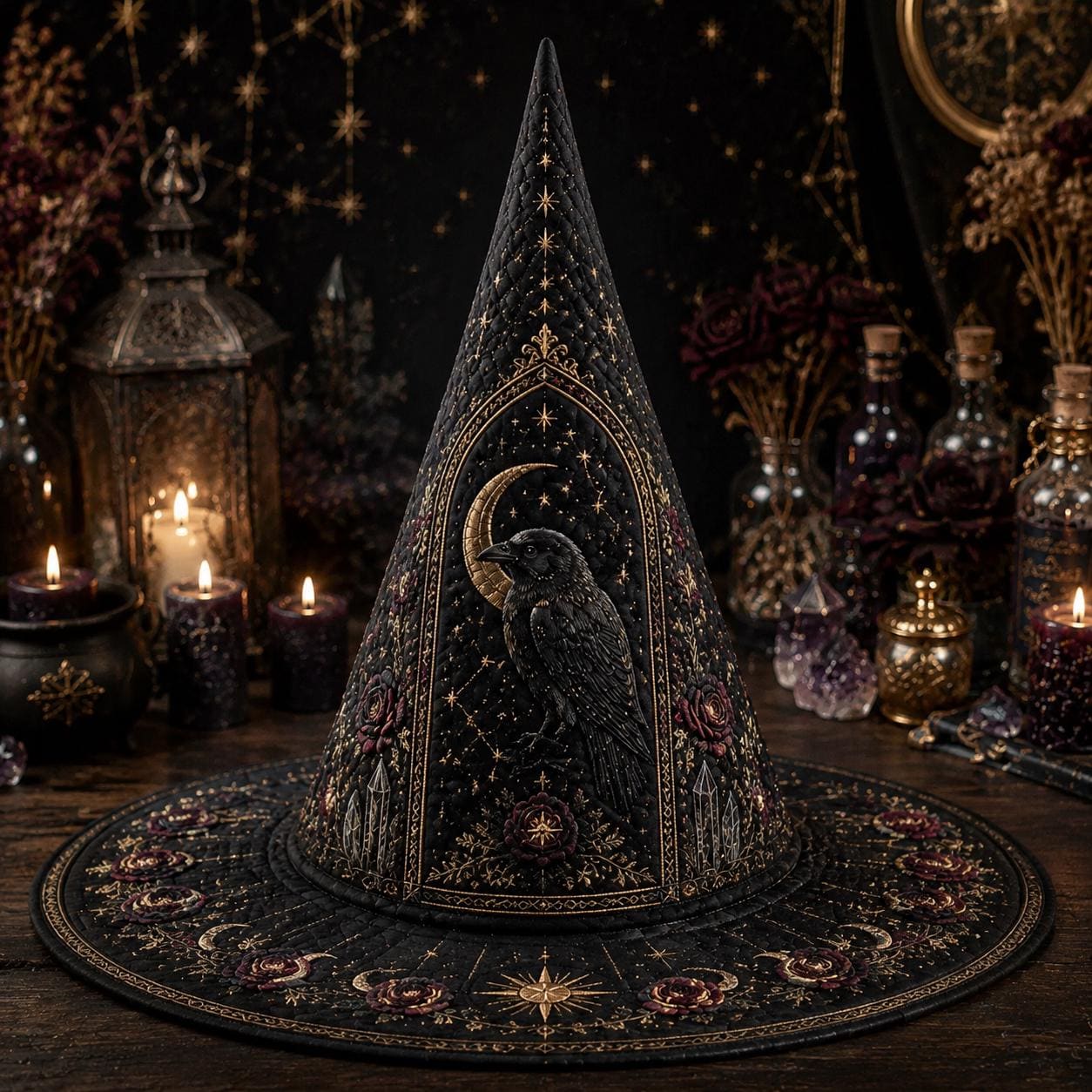 Raven Quilted Witch Hat for Gothic Celestial Halloween Decor and Dark Academia Centerpiece with Spooky Raven Lover Gift - photo 8