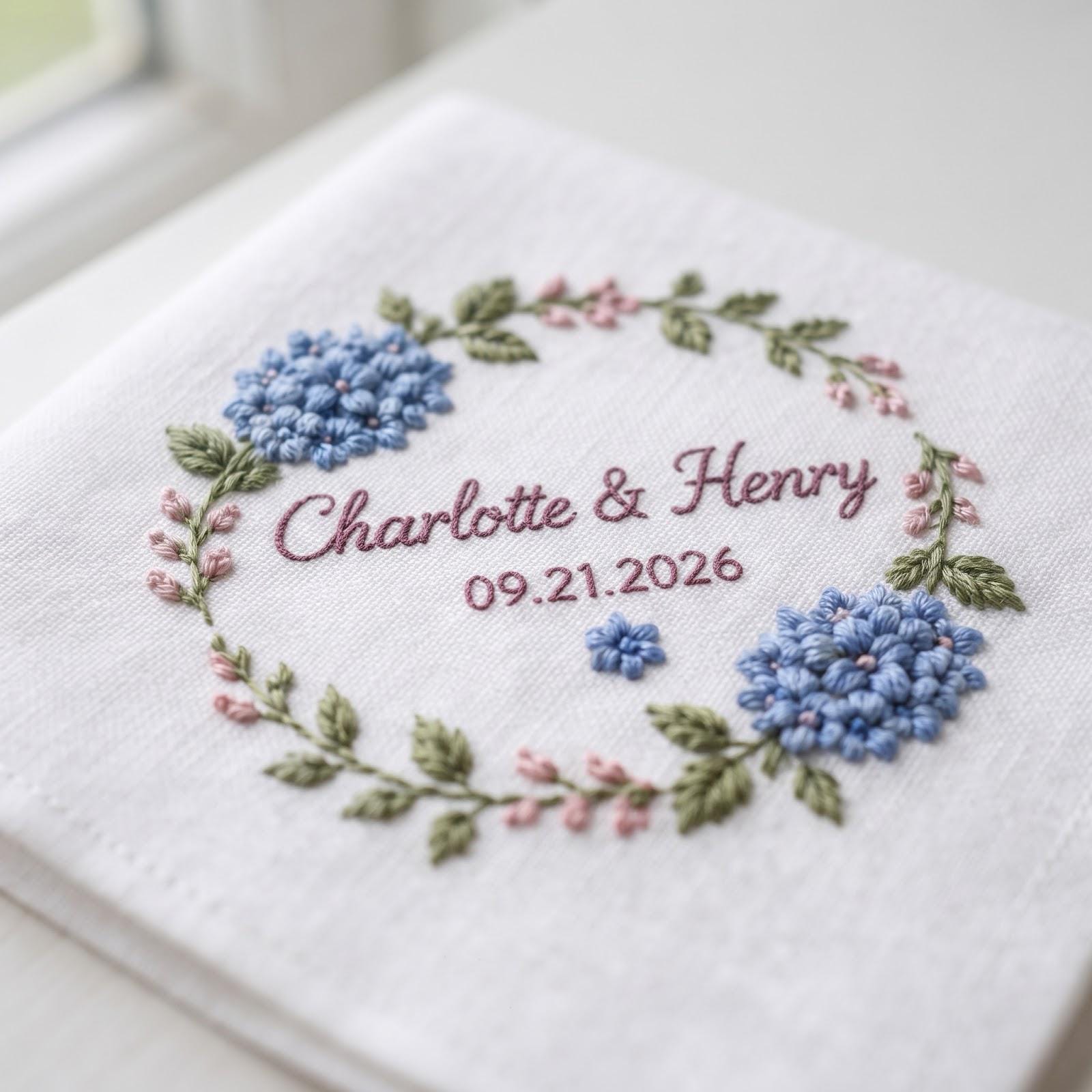 Handkerchief – Personalized Wedding Hanky with Custom Names Date Embroidered Hydrangea Floral Romantic Bridal Keepsake Gift for Bride and Groom