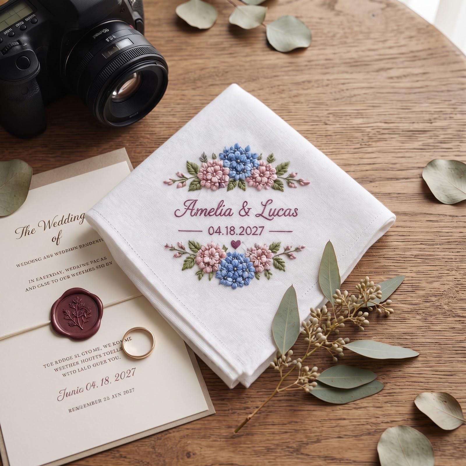 Handkerchief – Personalized Wedding Hanky with Custom Names Date Embroidered Hydrangea Floral Romantic Bridal Keepsake Gift for Bride and Groom - photo 2