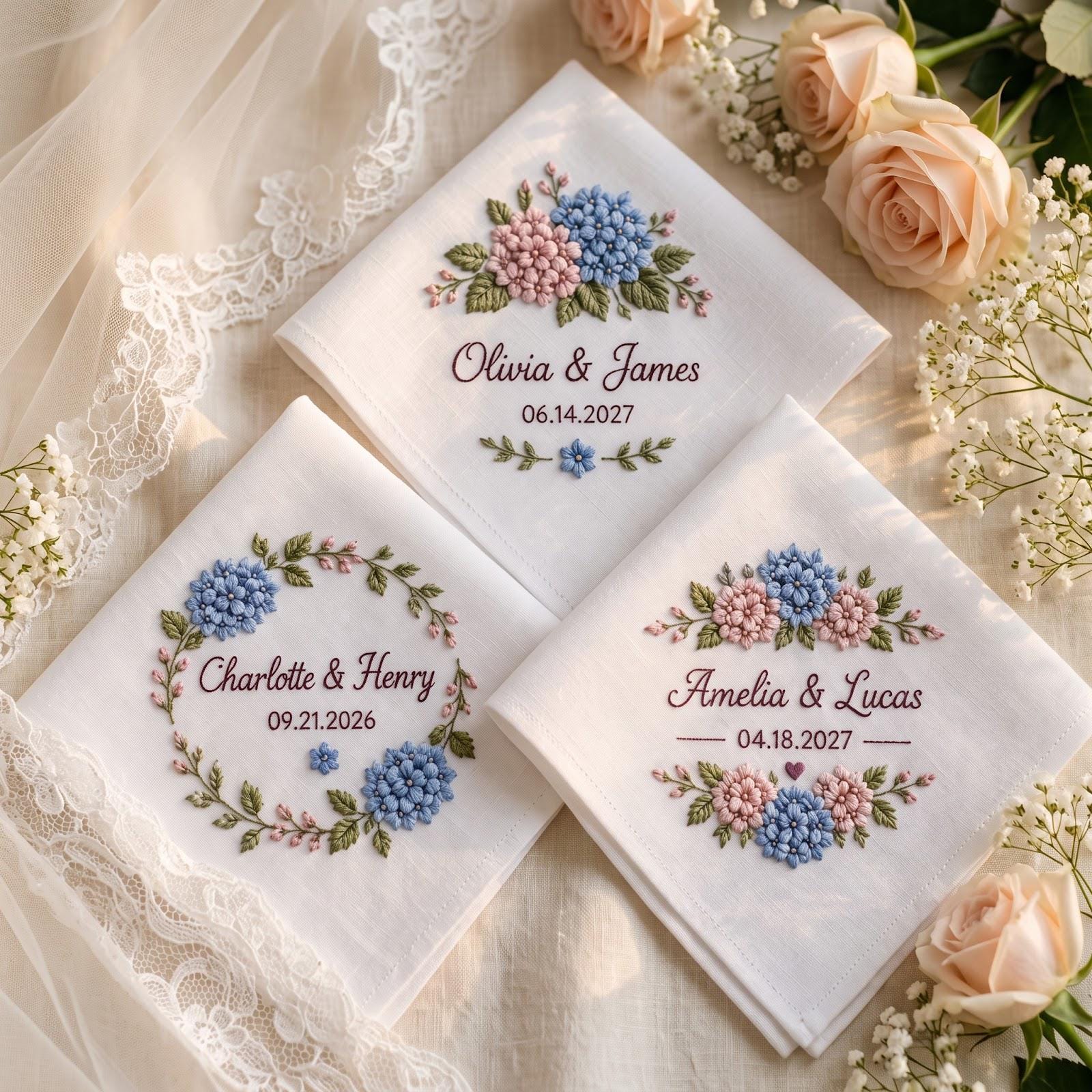 Handkerchief – Personalized Wedding Hanky with Custom Names Date Embroidered Hydrangea Floral Romantic Bridal Keepsake Gift for Bride and Groom - photo 3