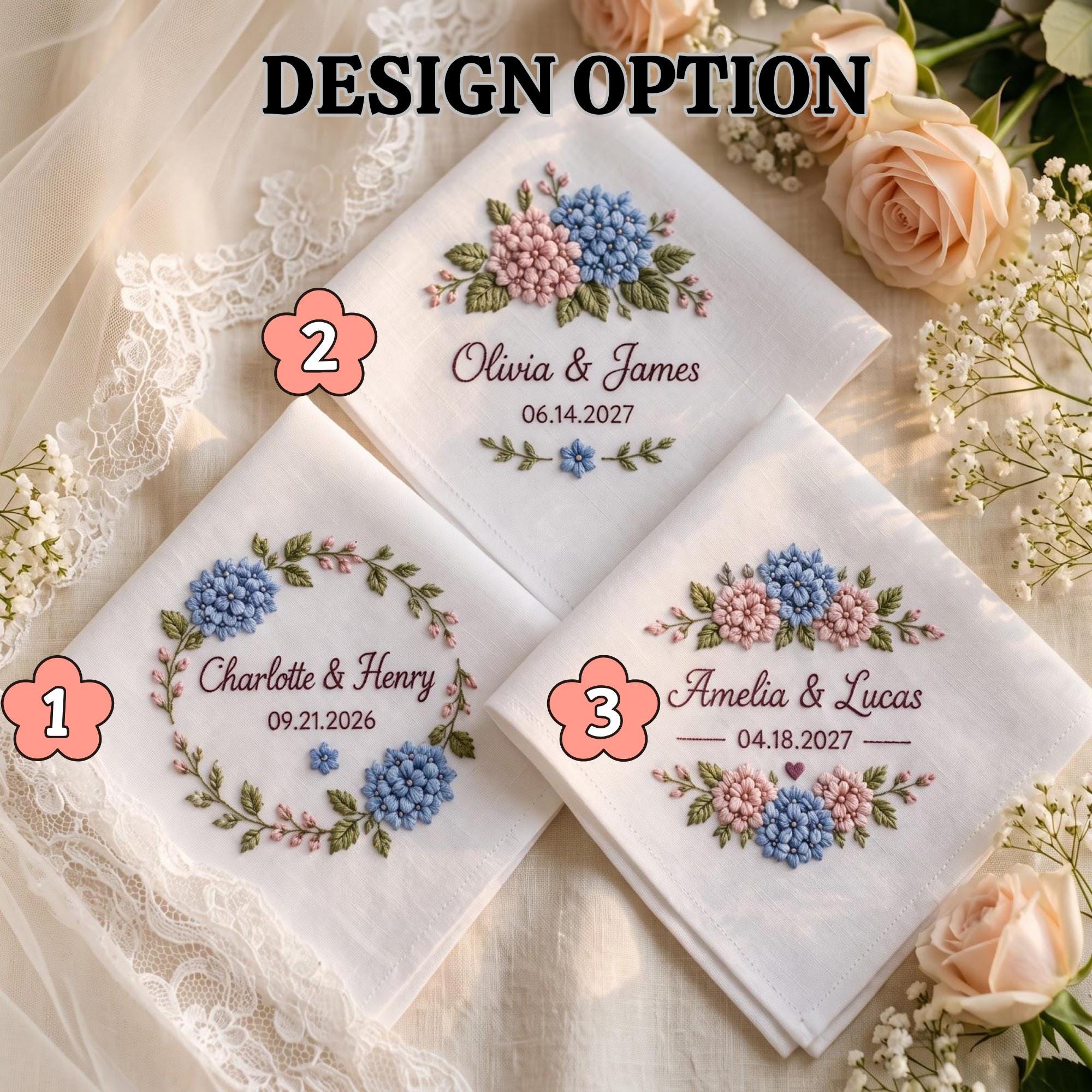 Handkerchief – Personalized Wedding Hanky with Custom Names Date Embroidered Hydrangea Floral Romantic Bridal Keepsake Gift for Bride and Groom - photo 4