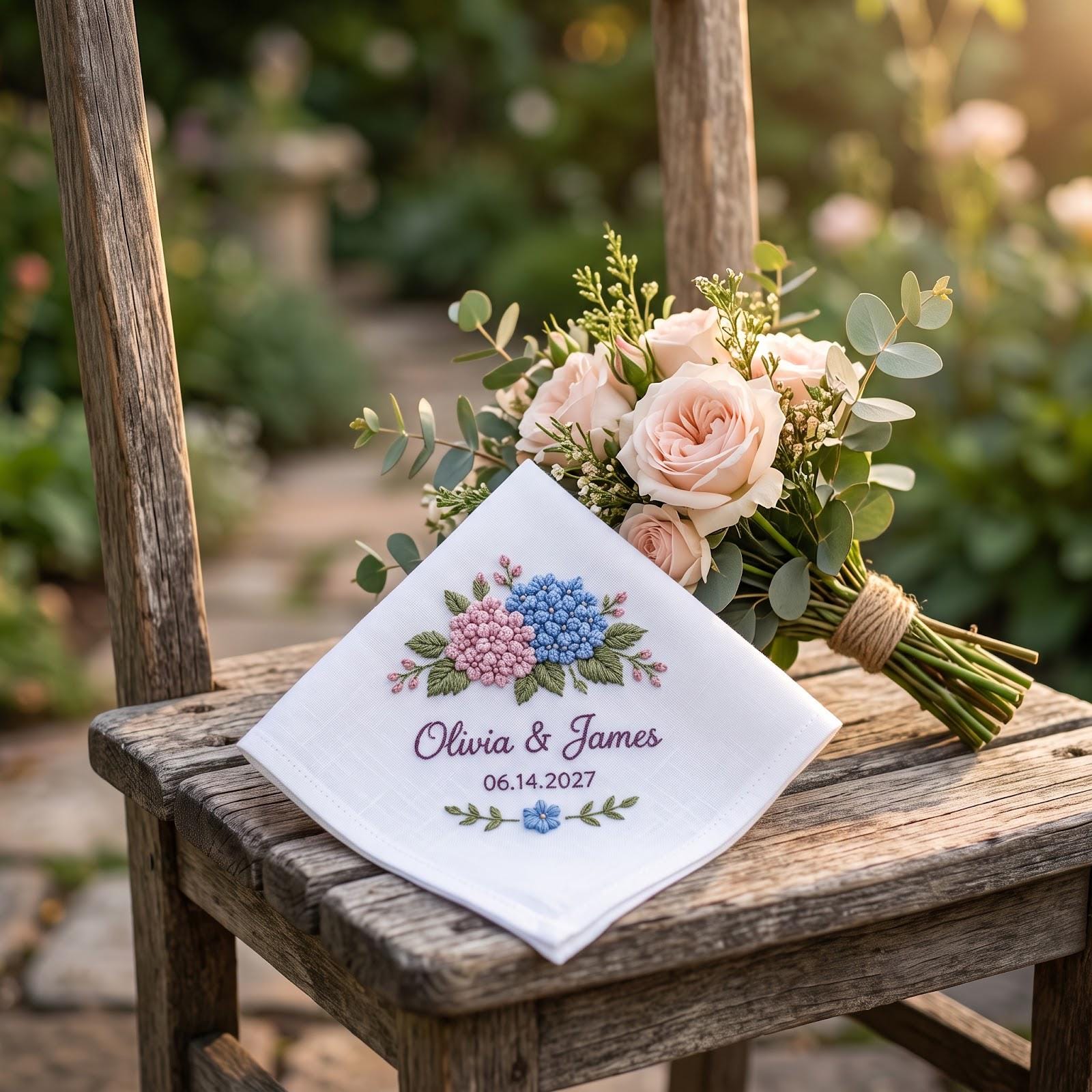 Handkerchief – Personalized Wedding Hanky with Custom Names Date Embroidered Hydrangea Floral Romantic Bridal Keepsake Gift for Bride and Groom - photo 8