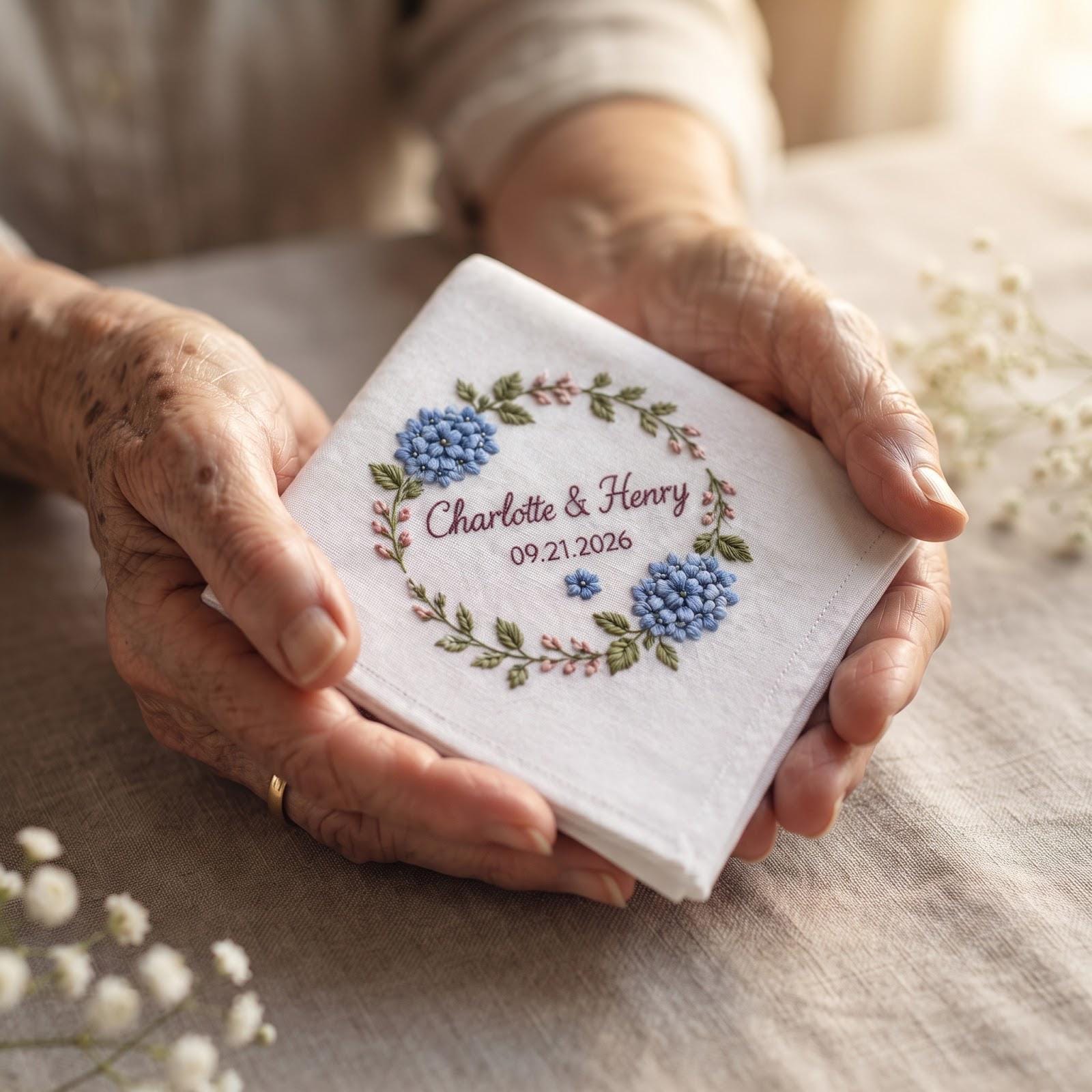Handkerchief – Personalized Wedding Hanky with Custom Names Date Embroidered Hydrangea Floral Romantic Bridal Keepsake Gift for Bride and Groom - photo 9