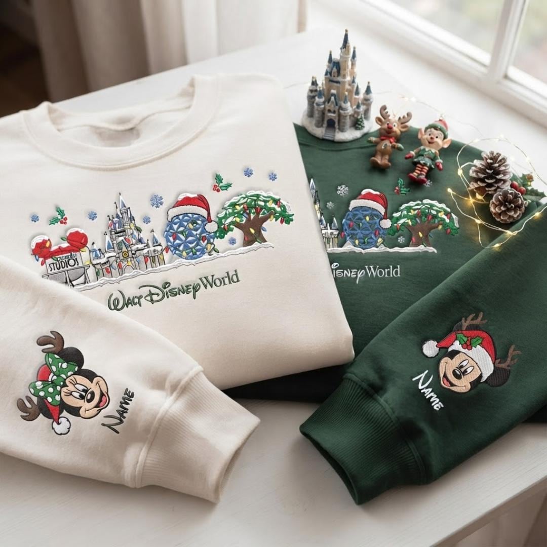 Embroidered Walt Disney World Christmas T-Shirt or Sweatshirt with Custom Name Mickey and Friends – Very Merry Christmas Gift for Her