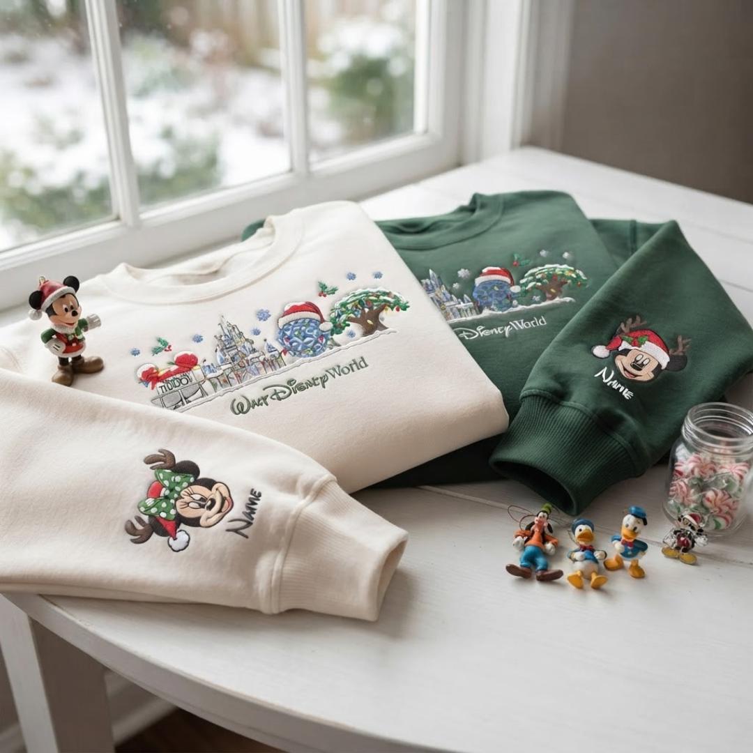 Embroidered Walt Disney World Christmas T-Shirt or Sweatshirt with Custom Name Mickey and Friends – Very Merry Christmas Gift for Her - photo 2