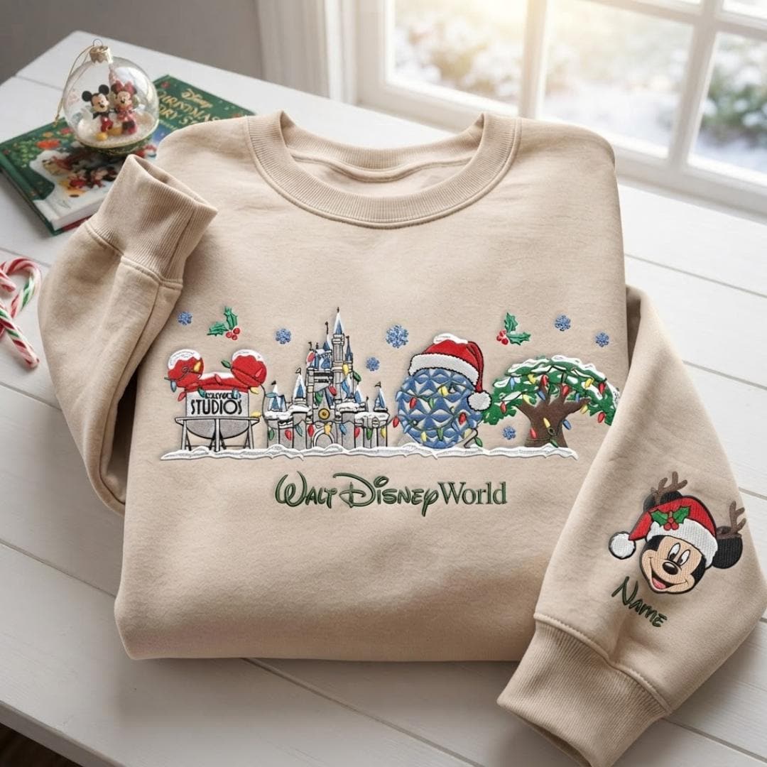 Embroidered Walt Disney World Christmas T-Shirt or Sweatshirt with Custom Name Mickey and Friends – Very Merry Christmas Gift for Her - photo 3