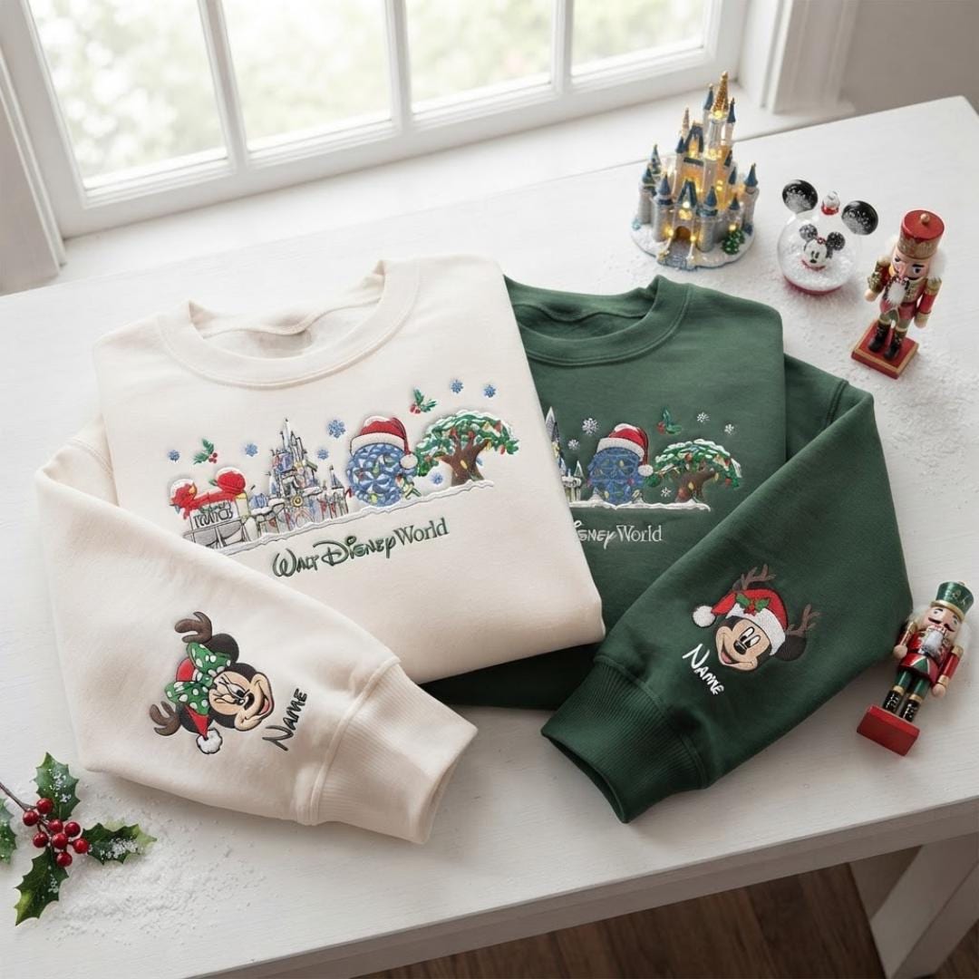 Embroidered Walt Disney World Christmas T-Shirt or Sweatshirt with Custom Name Mickey and Friends – Very Merry Christmas Gift for Her - photo 5