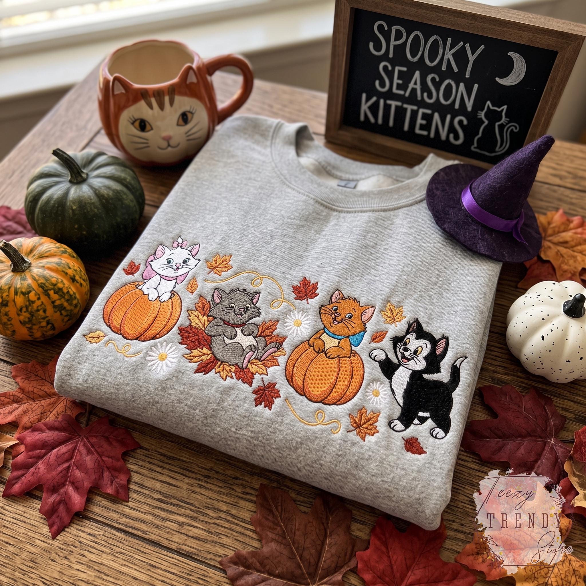 Embroidered Disney Cats Fall Sweatshirt with Marie Berlioz Toulouse and Figaro – Autumn Pumpkin Spooky Halloween T-Shirt Outfit - photo 13