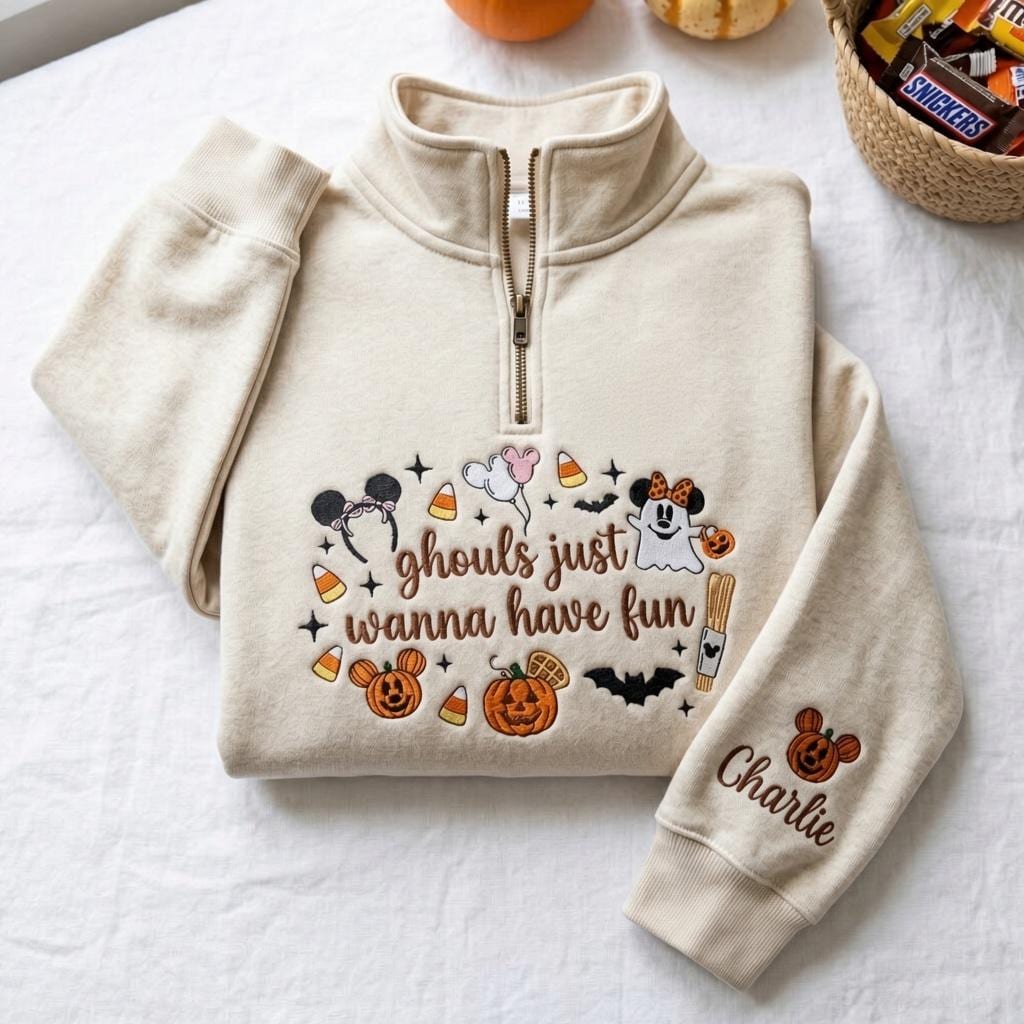 Personalized Embroidered Disney Halloween Quarter Zip Sweatshirt with Mickey Minnie Ghost – Ghouls Just Wanna Have Fun Pullover Sweater