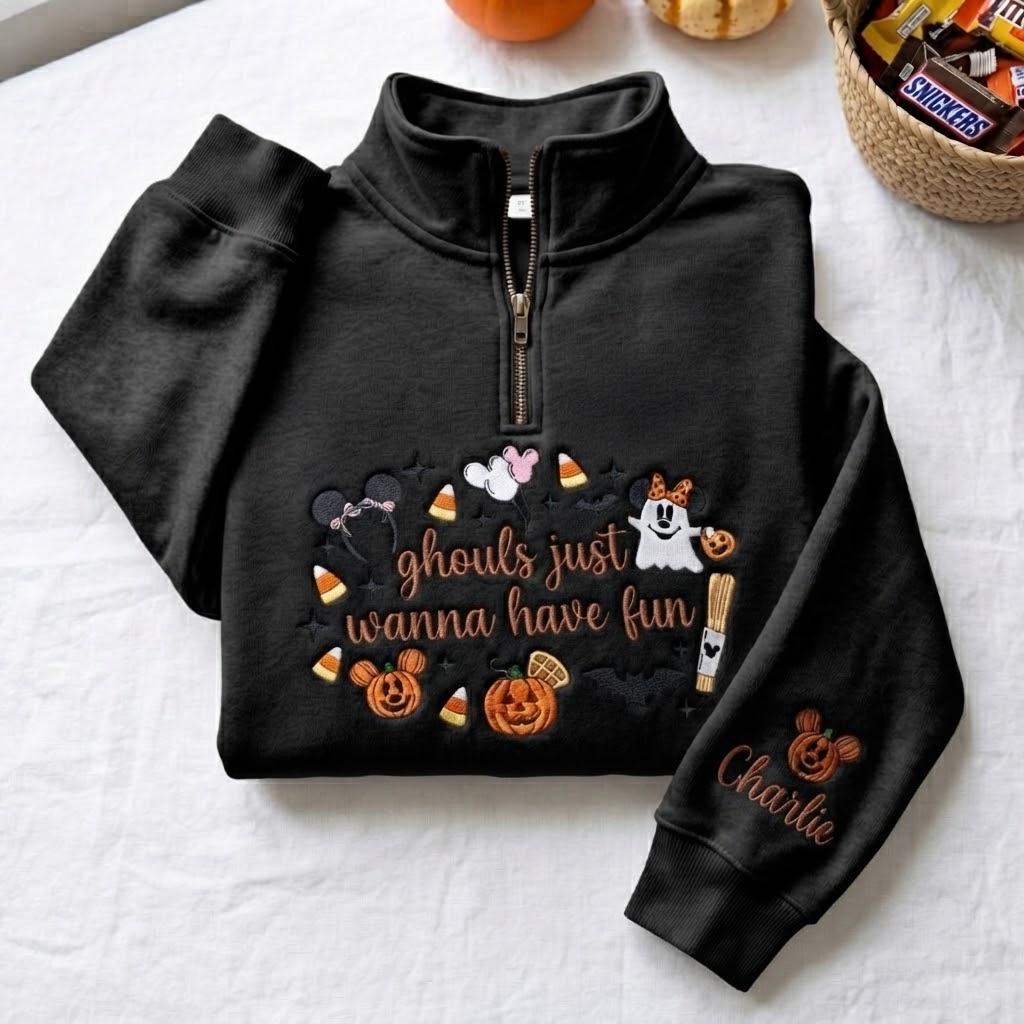 Personalized Embroidered Disney Halloween Quarter Zip Sweatshirt with Mickey Minnie Ghost – Ghouls Just Wanna Have Fun Pullover Sweater - photo 2