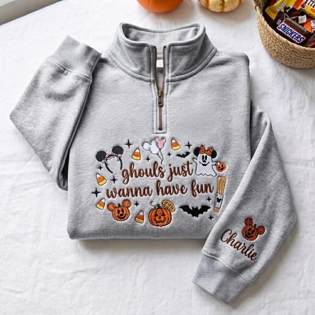 Personalized Embroidered Disney Halloween Quarter Zip Sweatshirt with Mickey Minnie Ghost – Ghouls Just Wanna Have Fun Pullover Sweater - photo 3