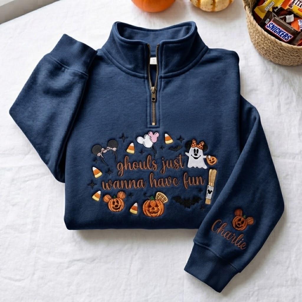 Personalized Embroidered Disney Halloween Quarter Zip Sweatshirt with Mickey Minnie Ghost – Ghouls Just Wanna Have Fun Pullover Sweater - photo 4