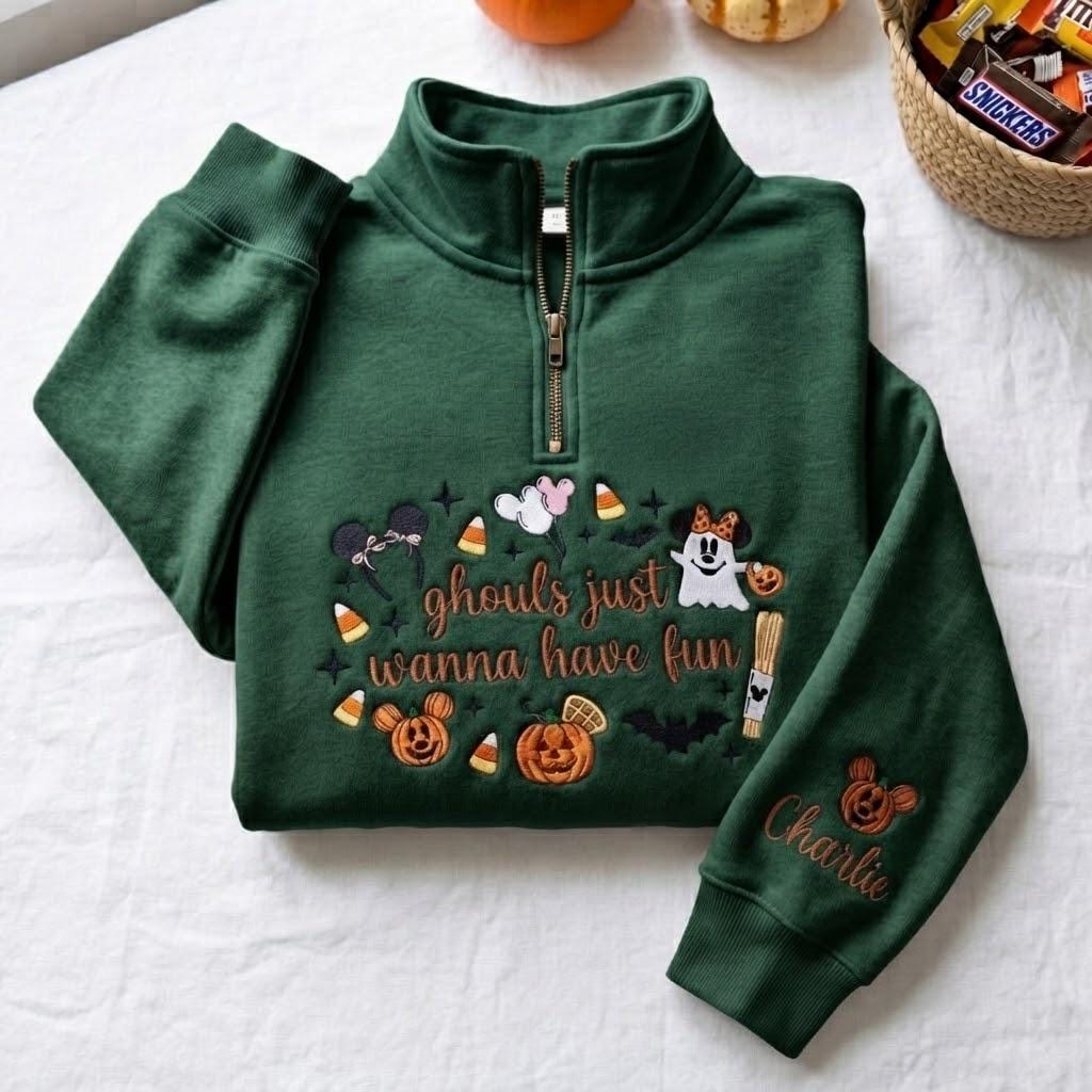 Personalized Embroidered Disney Halloween Quarter Zip Sweatshirt with Mickey Minnie Ghost – Ghouls Just Wanna Have Fun Pullover Sweater - photo 5