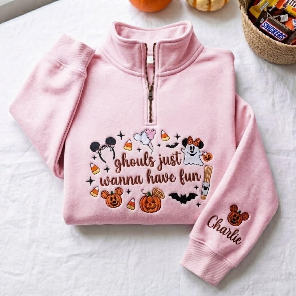 Personalized Embroidered Disney Halloween Quarter Zip Sweatshirt with Mickey Minnie Ghost – Ghouls Just Wanna Have Fun Pullover Sweater - photo 6