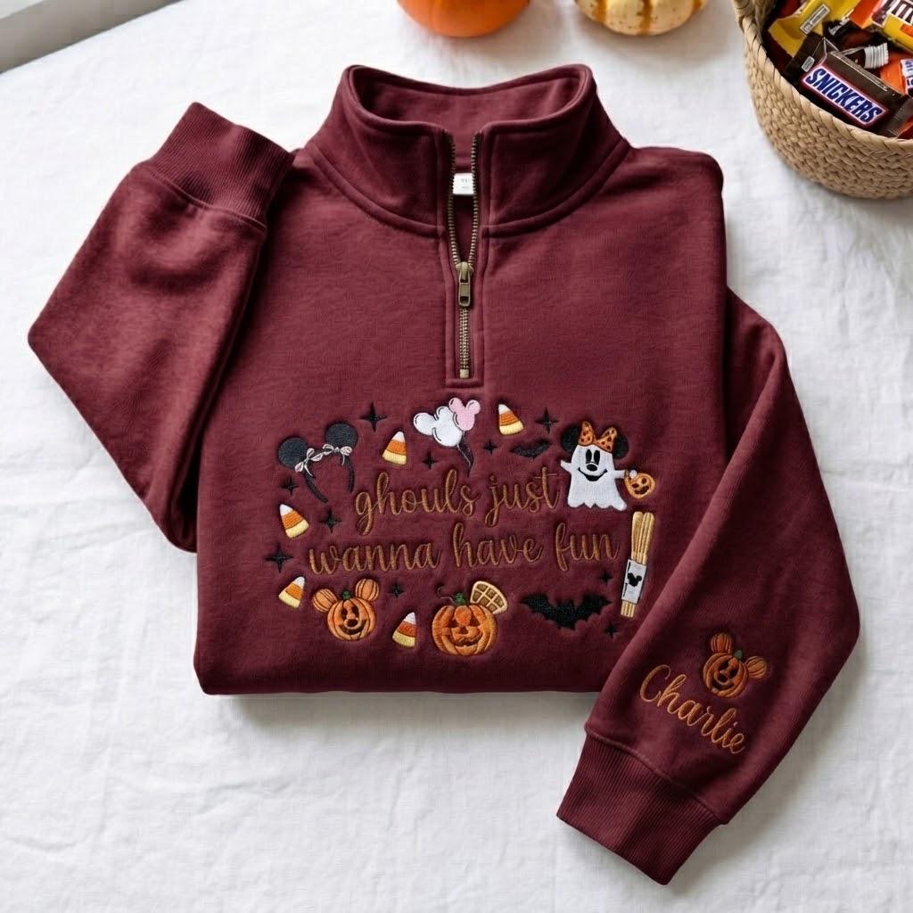Personalized Embroidered Disney Halloween Quarter Zip Sweatshirt with Mickey Minnie Ghost – Ghouls Just Wanna Have Fun Pullover Sweater - photo 7