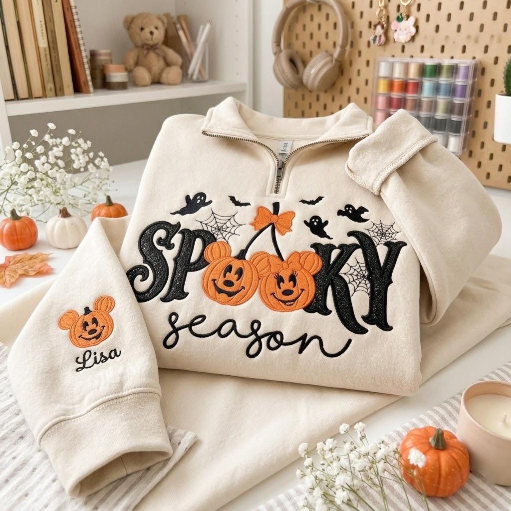 Embroidered Disney Halloween Quarter Zip Sweatshirt with Mickey Minnie Pumpkin and Ghost – Spooky Season Pullover Sweater