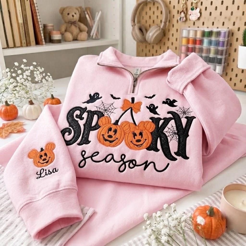 Embroidered Disney Halloween Quarter Zip Sweatshirt with Mickey Minnie Pumpkin and Ghost – Spooky Season Pullover Sweater - photo 2