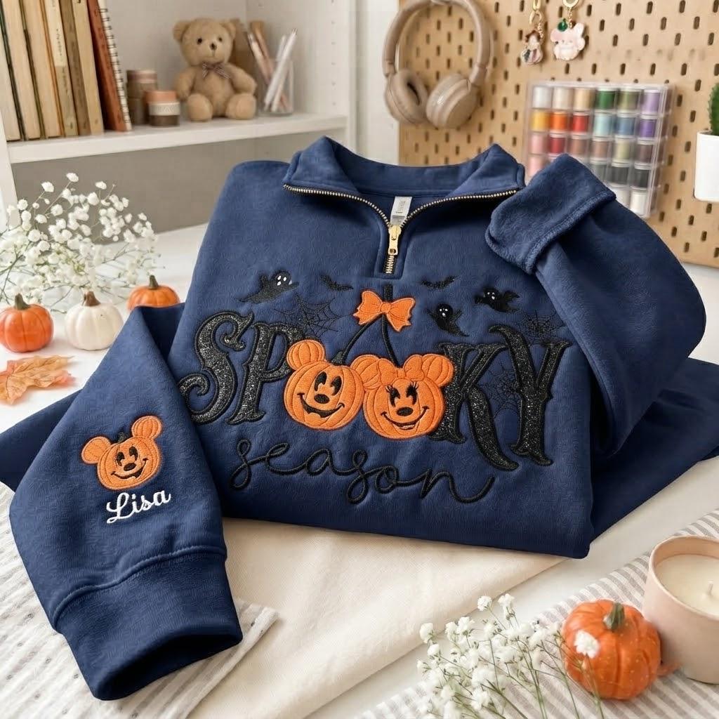 Embroidered Disney Halloween Quarter Zip Sweatshirt with Mickey Minnie Pumpkin and Ghost – Spooky Season Pullover Sweater - photo 3