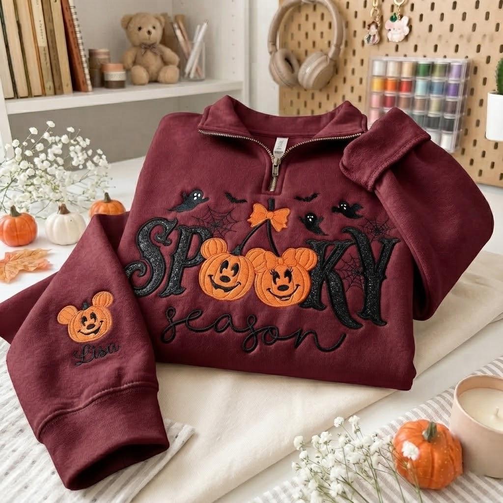 Embroidered Disney Halloween Quarter Zip Sweatshirt with Mickey Minnie Pumpkin and Ghost – Spooky Season Pullover Sweater - photo 4