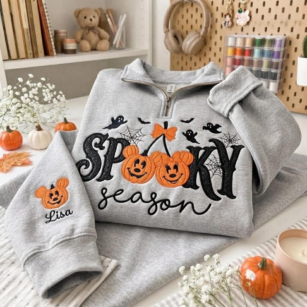 Embroidered Disney Halloween Quarter Zip Sweatshirt with Mickey Minnie Pumpkin and Ghost – Spooky Season Pullover Sweater - photo 5