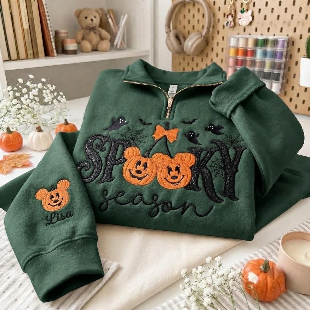 Embroidered Disney Halloween Quarter Zip Sweatshirt with Mickey Minnie Pumpkin and Ghost – Spooky Season Pullover Sweater - photo 6