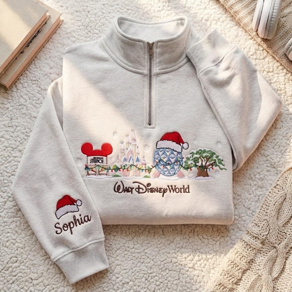 Embroidered Disney Christmas Quarter Zip Sweatshirt with Mickey and Castle – Walt Disney World Holiday Pullover Shirt and Tee