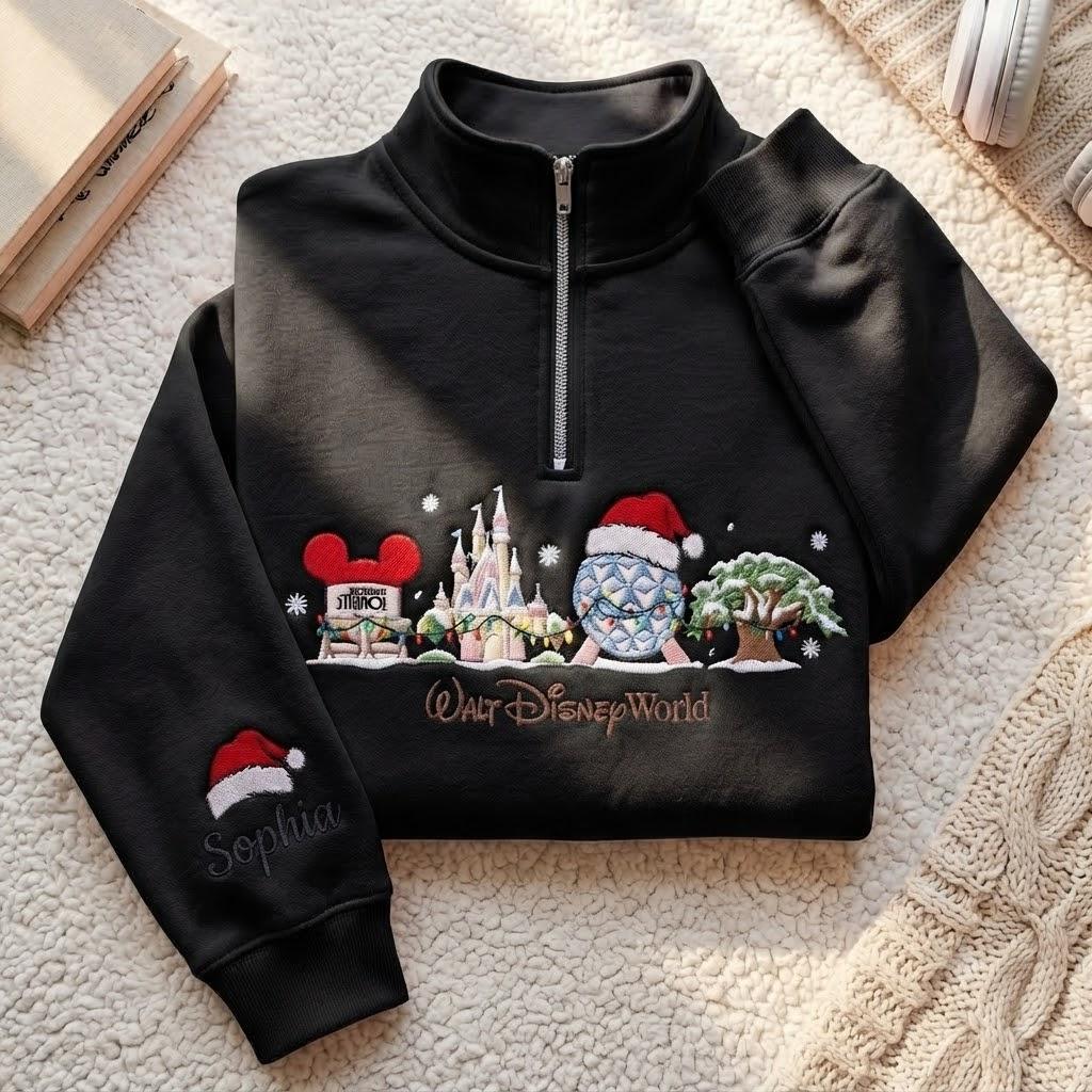 Embroidered Disney Christmas Quarter Zip Sweatshirt with Mickey and Castle – Walt Disney World Holiday Pullover Shirt and Tee - photo 2