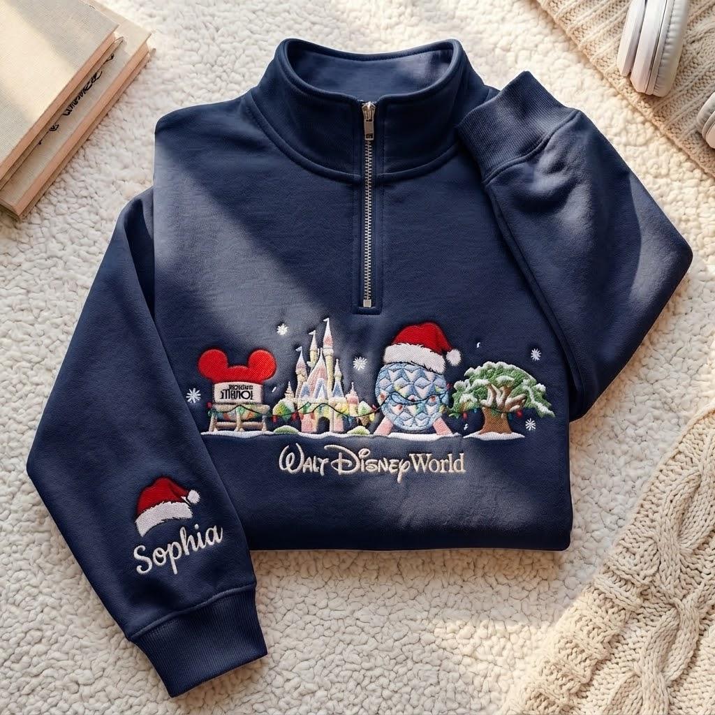 Embroidered Disney Christmas Quarter Zip Sweatshirt with Mickey and Castle – Walt Disney World Holiday Pullover Shirt and Tee - photo 3