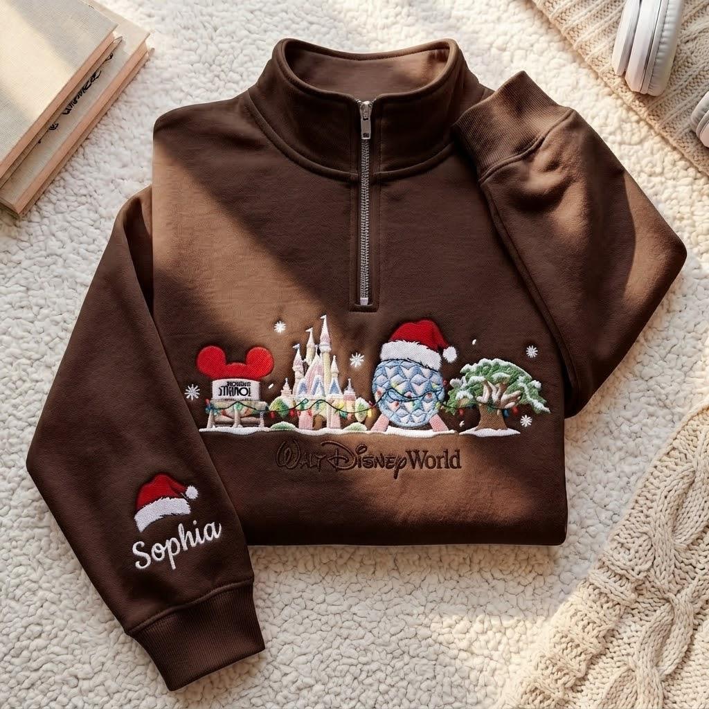 Embroidered Disney Christmas Quarter Zip Sweatshirt with Mickey and Castle – Walt Disney World Holiday Pullover Shirt and Tee - photo 4