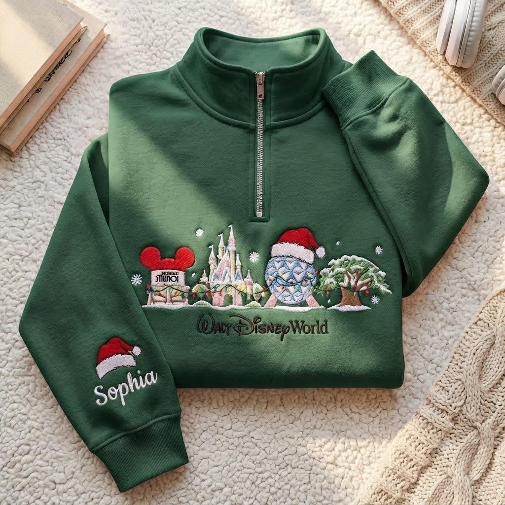 Embroidered Disney Christmas Quarter Zip Sweatshirt with Mickey and Castle – Walt Disney World Holiday Pullover Shirt and Tee - photo 5