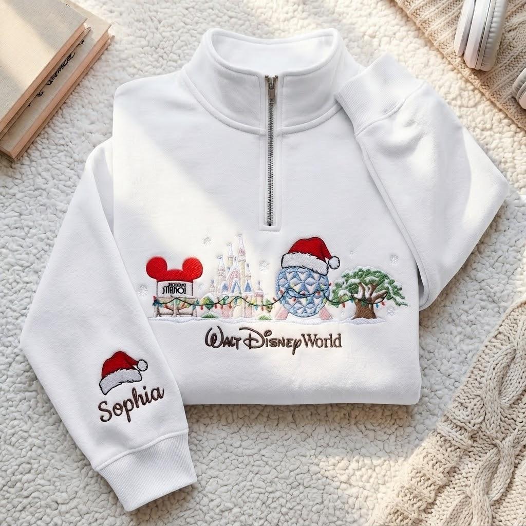 Embroidered Disney Christmas Quarter Zip Sweatshirt with Mickey and Castle – Walt Disney World Holiday Pullover Shirt and Tee - photo 6