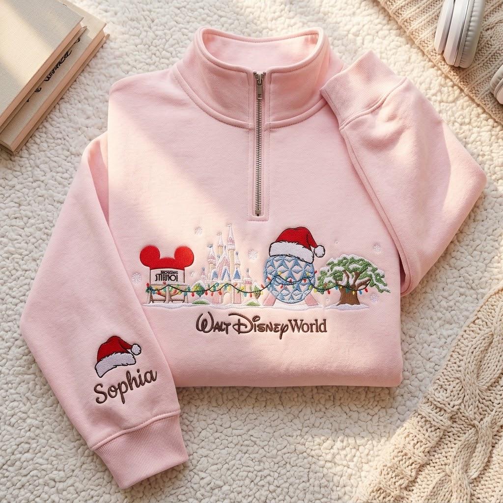 Embroidered Disney Christmas Quarter Zip Sweatshirt with Mickey and Castle – Walt Disney World Holiday Pullover Shirt and Tee - photo 7