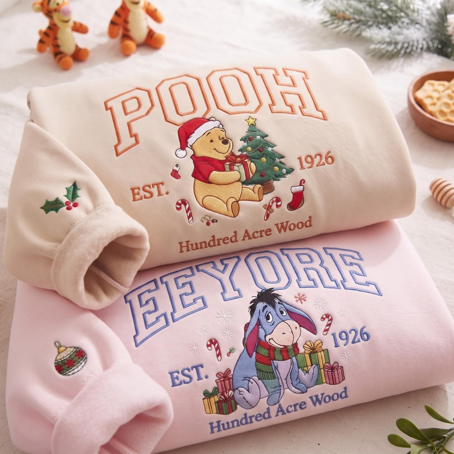 Embroidered Pooh Bear and Eeyore Disney Christmas Sweatshirt Hoodie – Matching Family Couple Mouse Cozy Season Gift Shirt