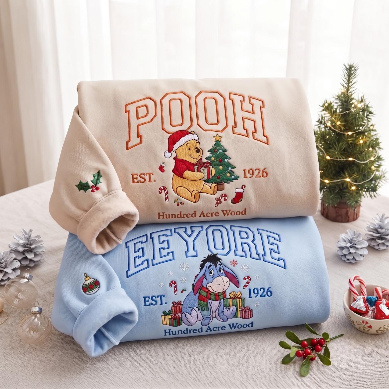 Embroidered Pooh Bear and Eeyore Disney Christmas Sweatshirt Hoodie – Matching Family Couple Mouse Cozy Season Gift Shirt - photo 2