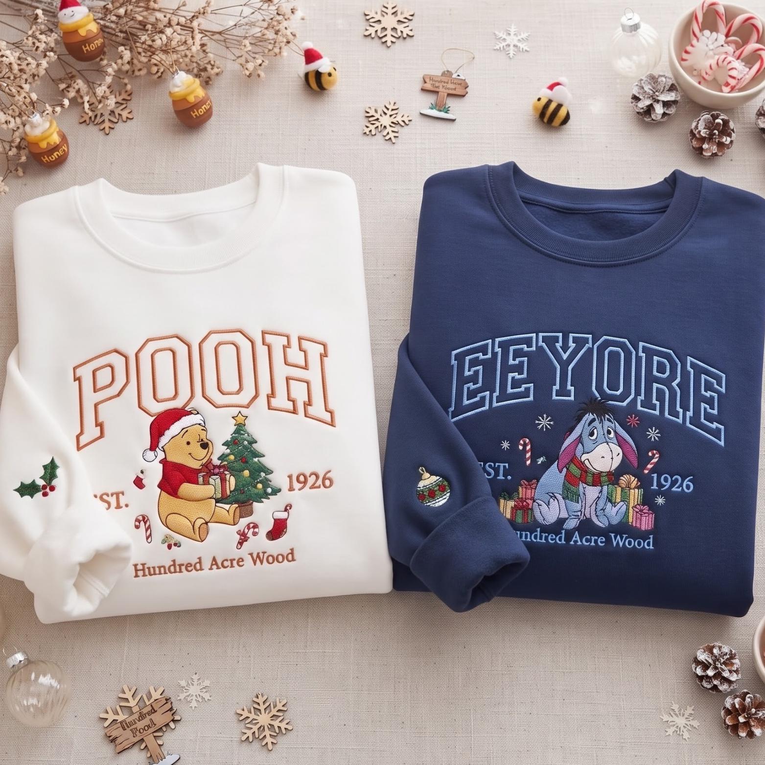 Embroidered Pooh Bear and Eeyore Disney Christmas Sweatshirt Hoodie – Matching Family Couple Mouse Cozy Season Gift Shirt - photo 3